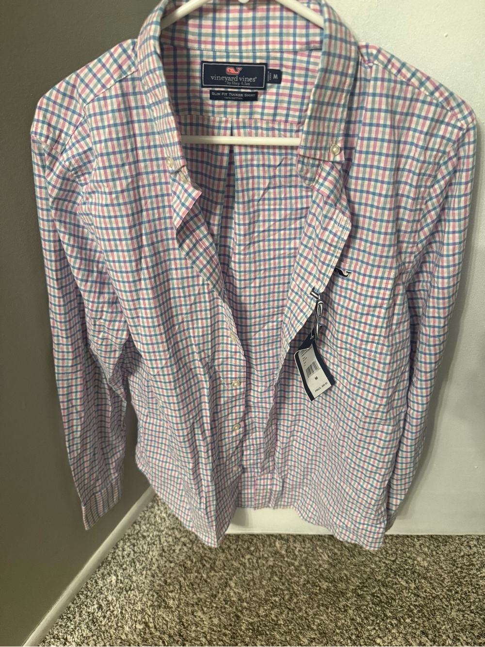 Vineyard Vines Men’s Medium Slim Fit Pink and Blue Windowpane Button-Down Shirt